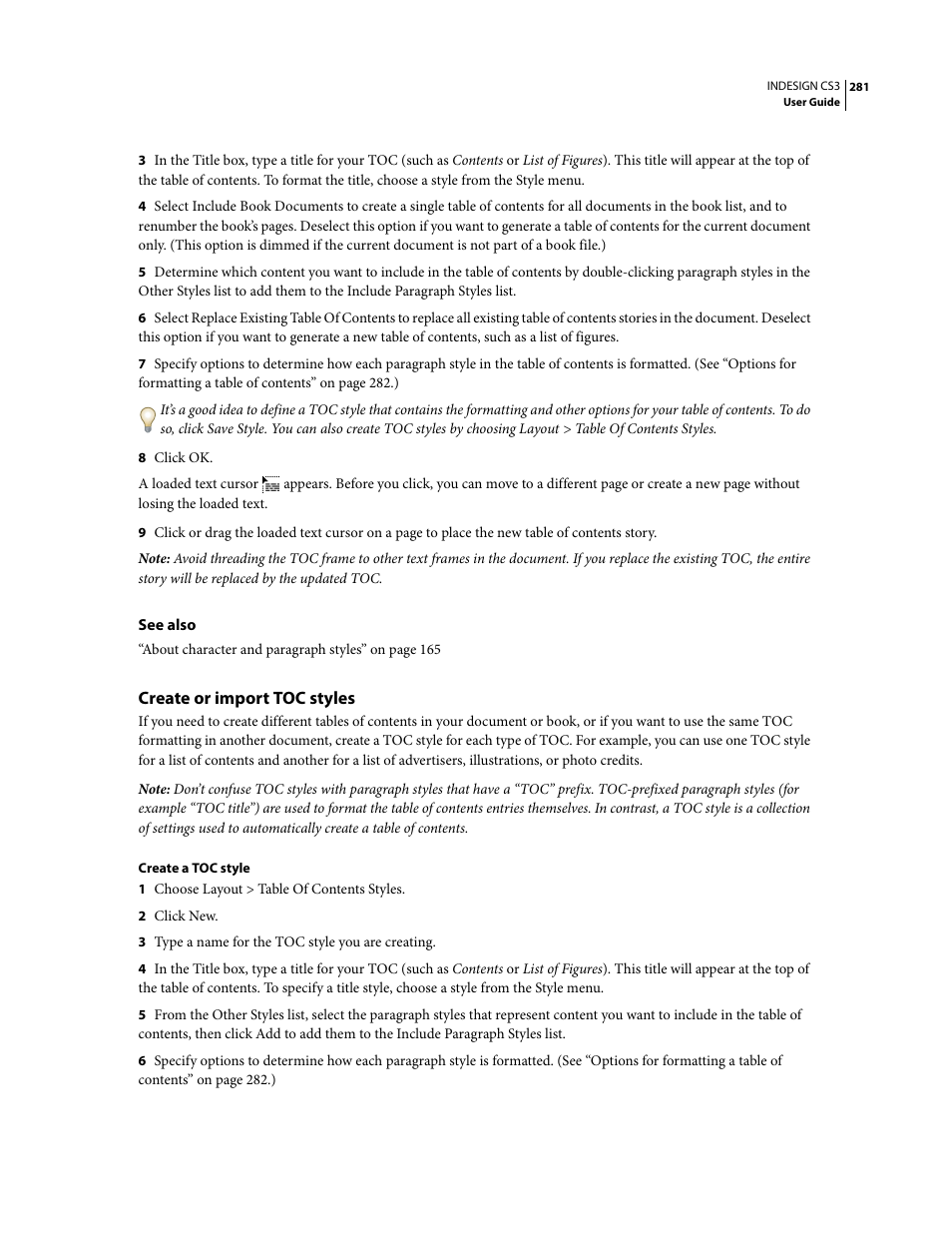 Create or import toc styles | Adobe InDesign CS3 User Manual | Page 288 / 672