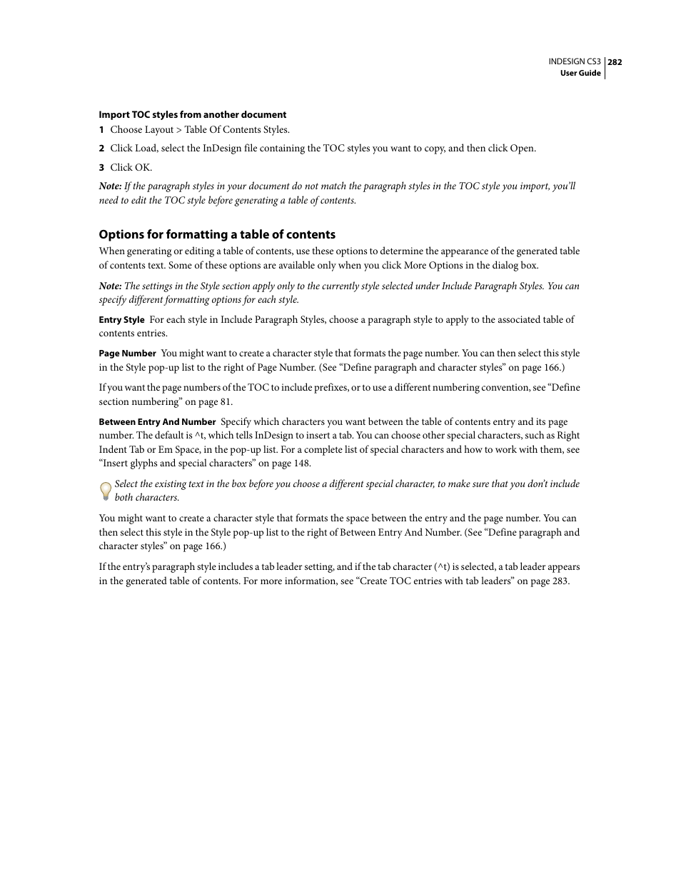 Options for formatting a table of contents, Ee “options for, Ee “options for formatting a table of | Adobe InDesign CS3 User Manual | Page 289 / 672