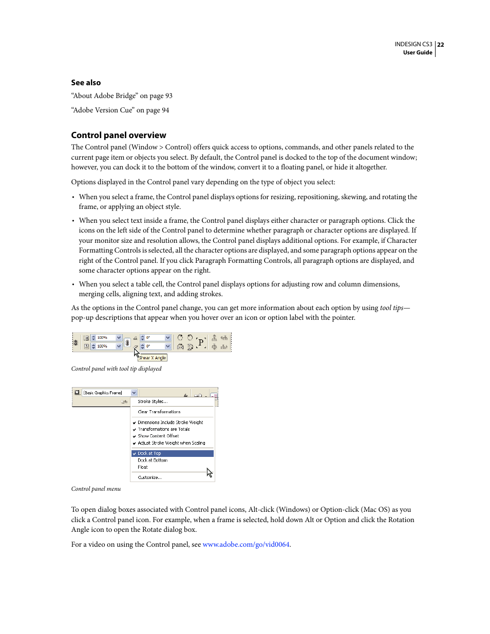 Control panel overview | Adobe InDesign CS3 User Manual | Page 29 / 672