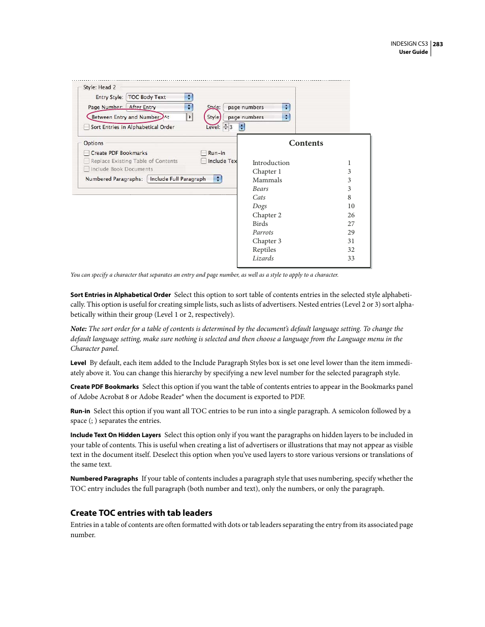 Create toc entries with tab leaders | Adobe InDesign CS3 User Manual | Page 290 / 672