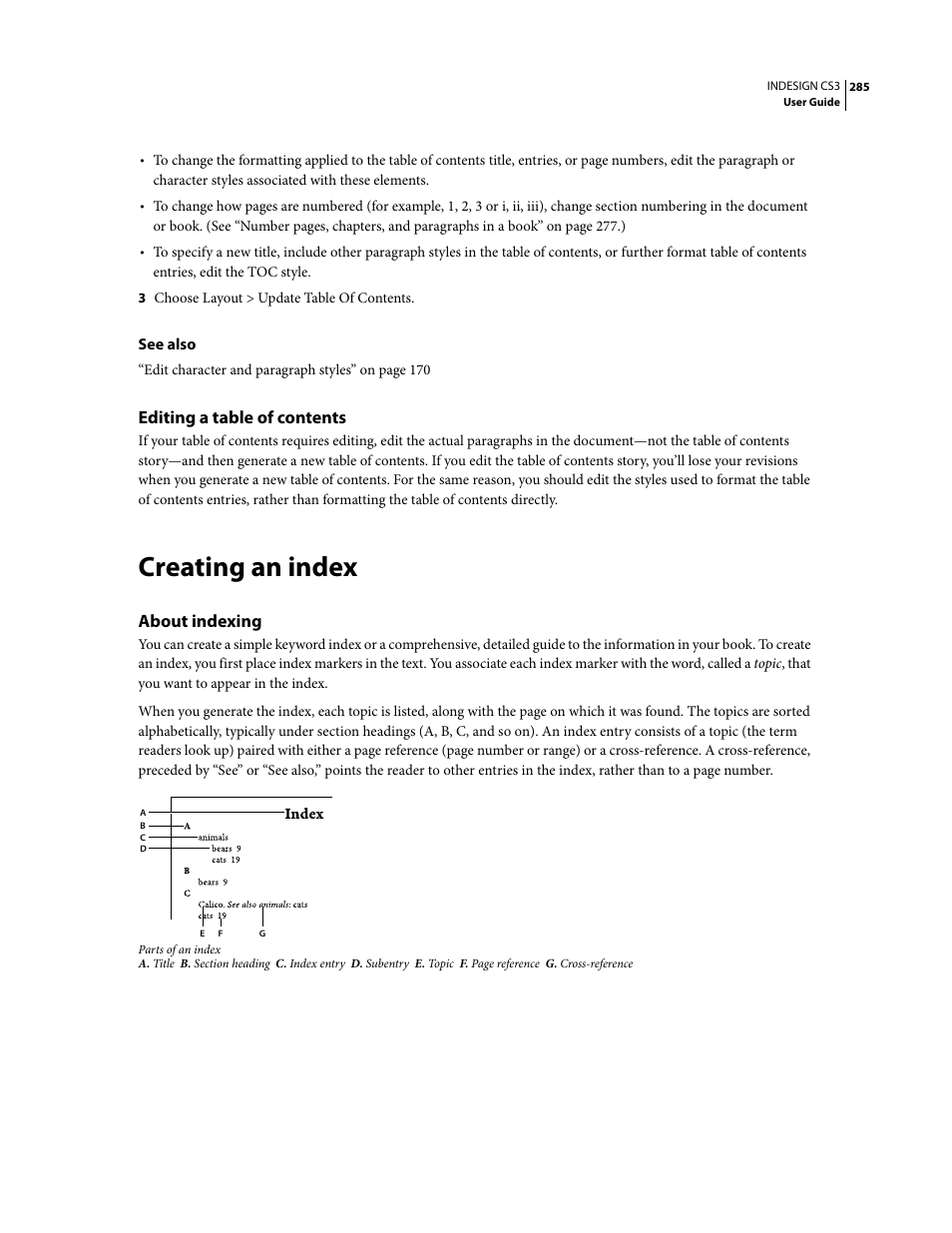 Editing a table of contents, Creating an index, About indexing | Adobe InDesign CS3 User Manual | Page 292 / 672