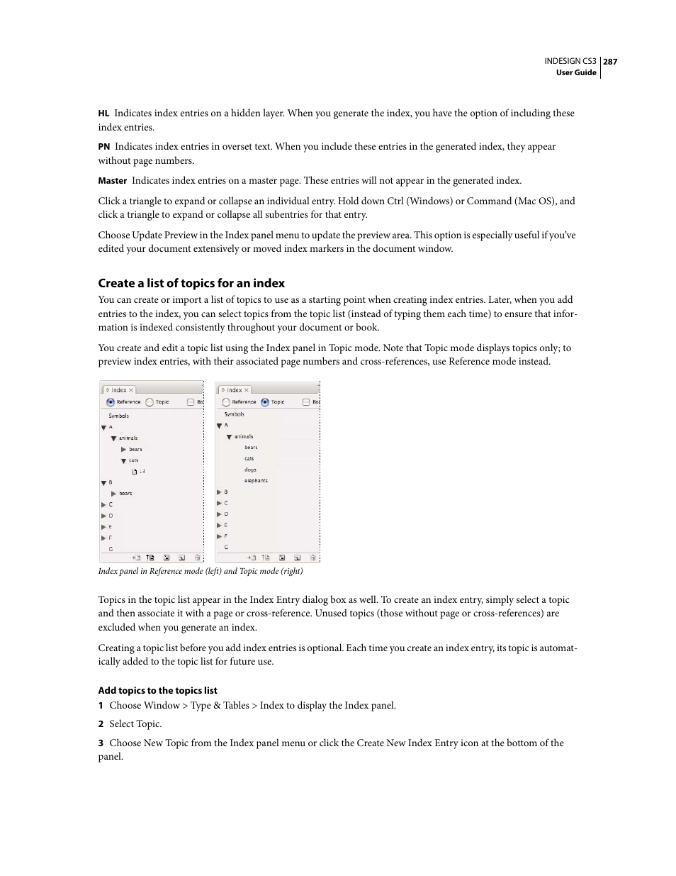 Create a list of topics for an index, Create a list | Adobe InDesign CS3 User Manual | Page 294 / 672