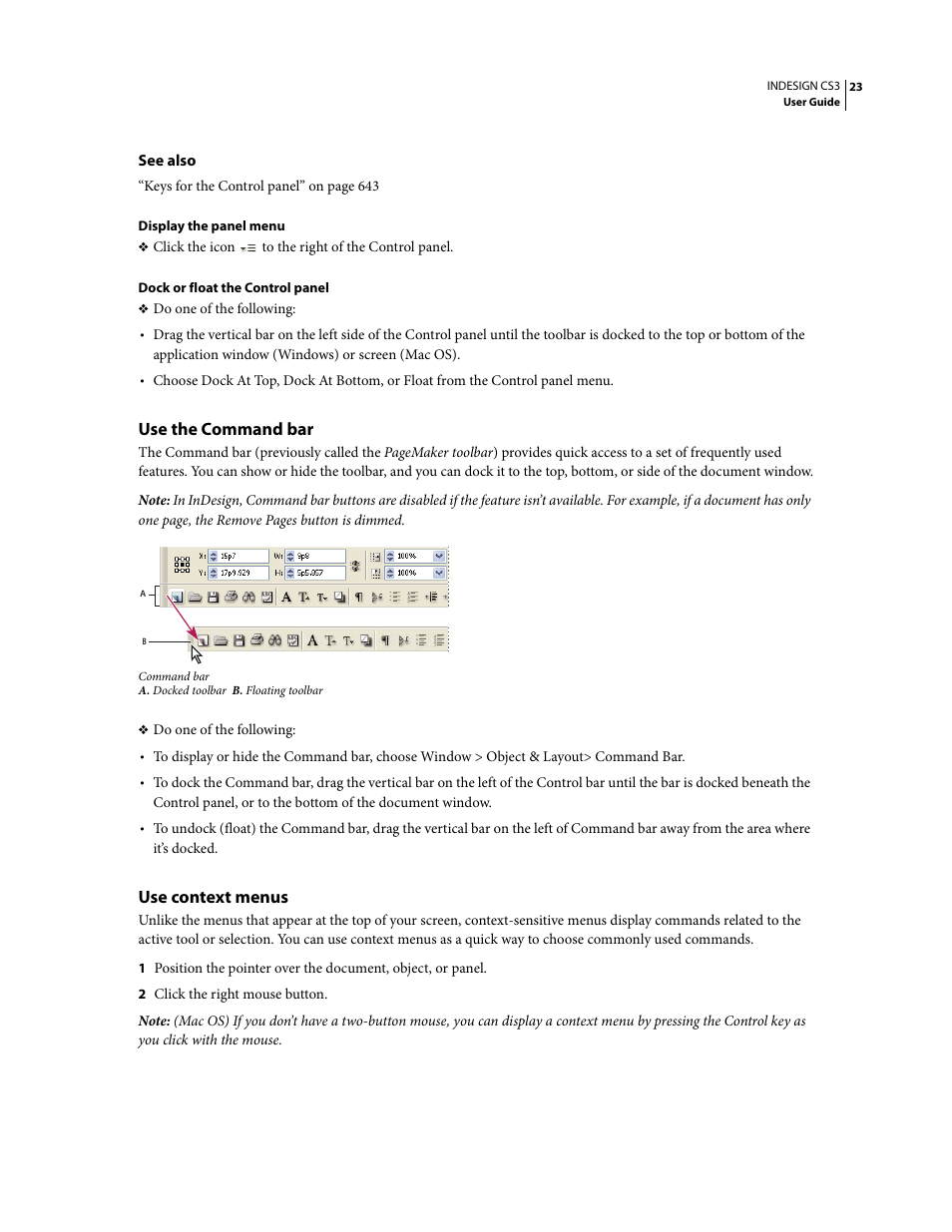 Use the command bar, Use context menus | Adobe InDesign CS3 User Manual | Page 30 / 672