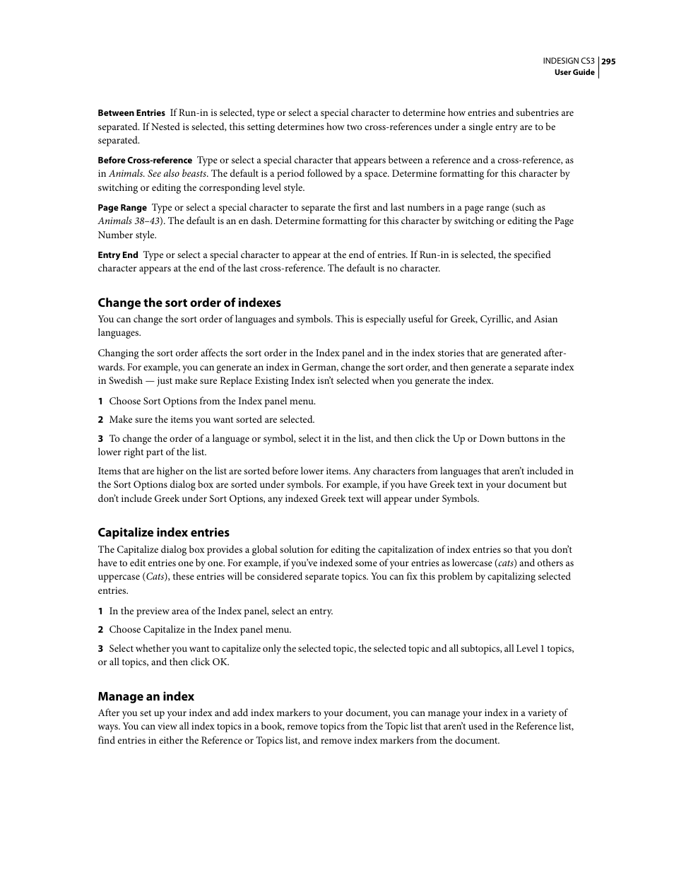 Change the sort order of indexes, Capitalize index entries, Manage an index | Adobe InDesign CS3 User Manual | Page 302 / 672