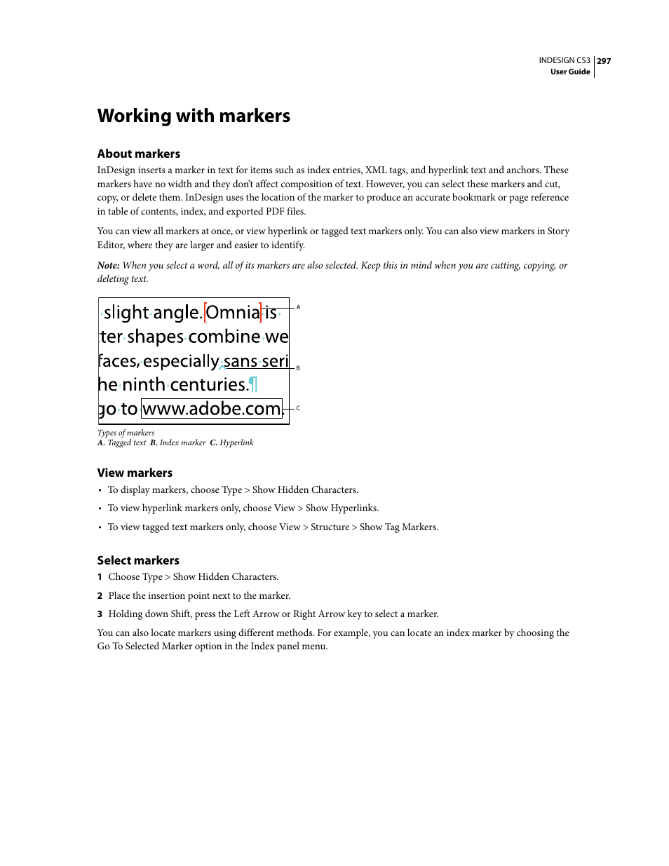 Working with markers, About markers, View markers | Select markers | Adobe InDesign CS3 User Manual | Page 304 / 672