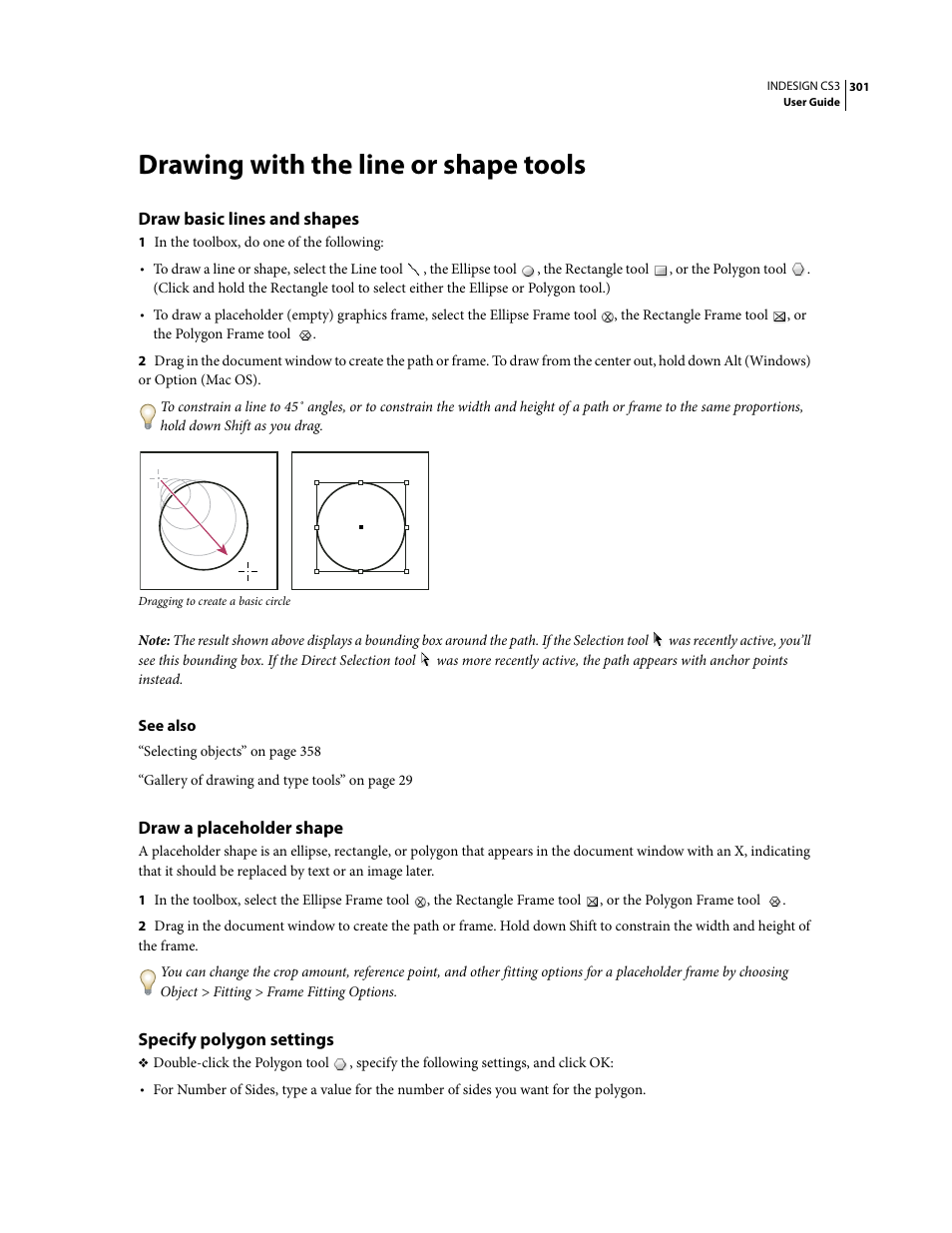 Drawing with the line or shape tools, Draw basic lines and shapes, Draw a placeholder shape | Specify polygon settings | Adobe InDesign CS3 User Manual | Page 308 / 672
