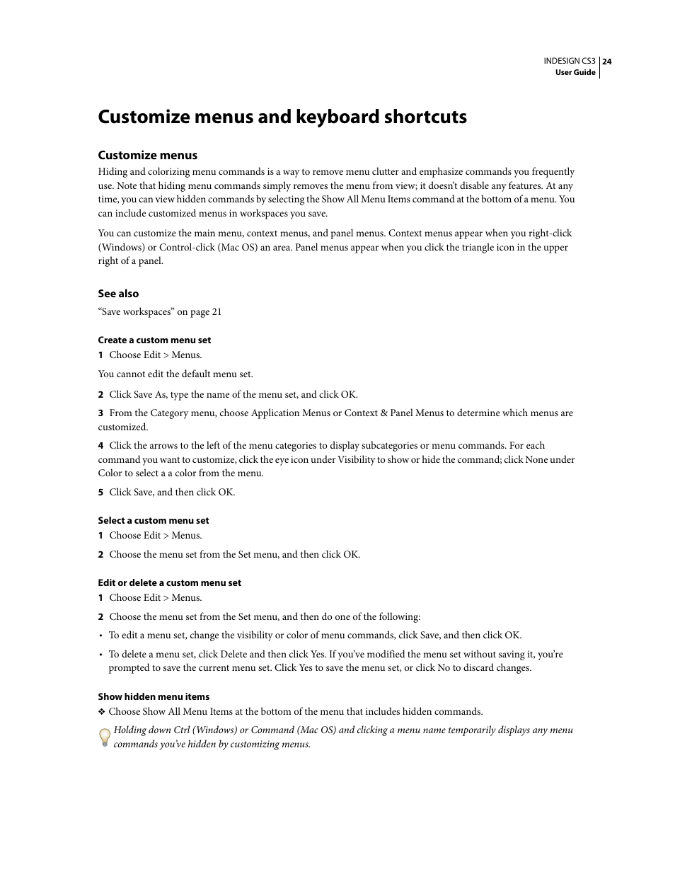 Customize menus and keyboard shortcuts, Customize menus | Adobe InDesign CS3 User Manual | Page 31 / 672