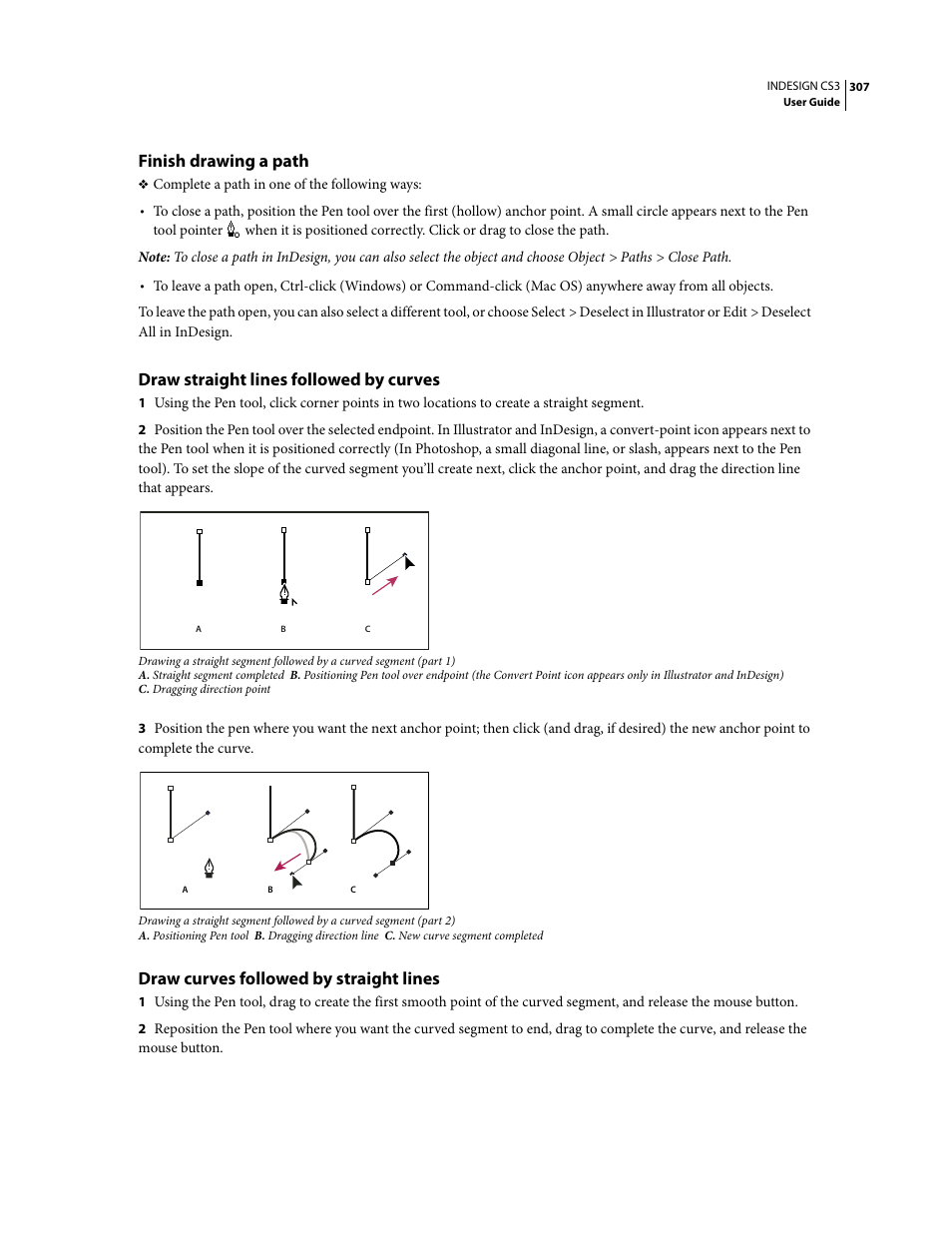Finish drawing a path, Draw straight lines followed by curves, Draw curves followed by straight lines | Adobe InDesign CS3 User Manual | Page 314 / 672