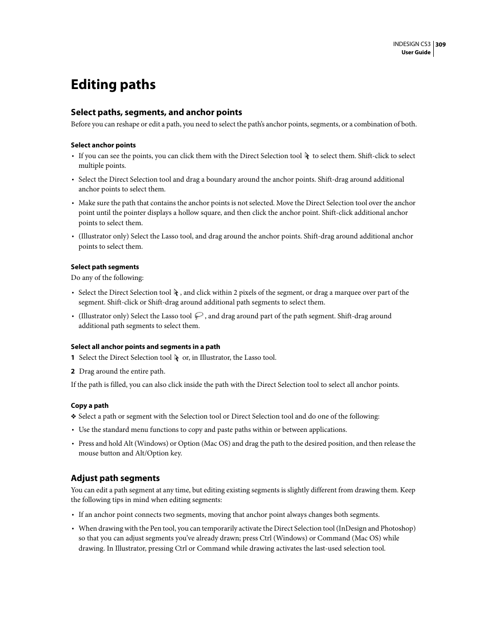 Editing paths, Select paths, segments, and anchor points, Adjust path segments | Adobe InDesign CS3 User Manual | Page 316 / 672