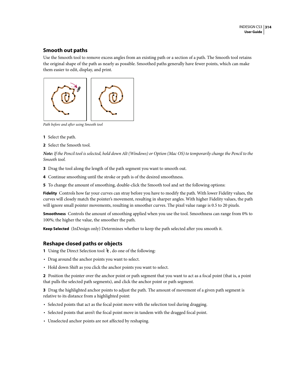 Smooth out paths, Reshape closed paths or objects | Adobe InDesign CS3 User Manual | Page 321 / 672