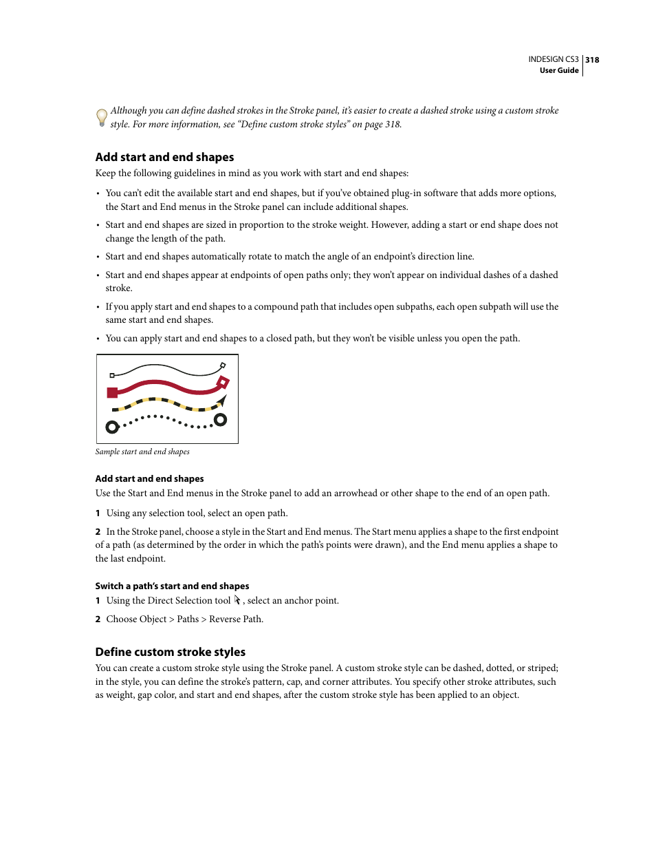 Add start and end shapes, Define custom stroke styles | Adobe InDesign CS3 User Manual | Page 325 / 672