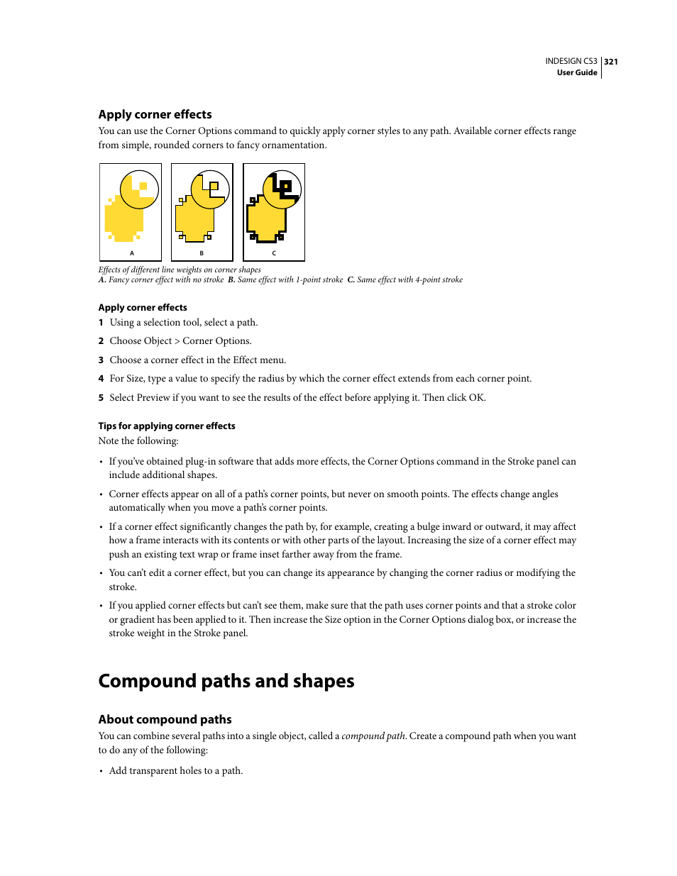 Apply corner effects, Compound paths and shapes, About compound paths | Adobe InDesign CS3 User Manual | Page 328 / 672