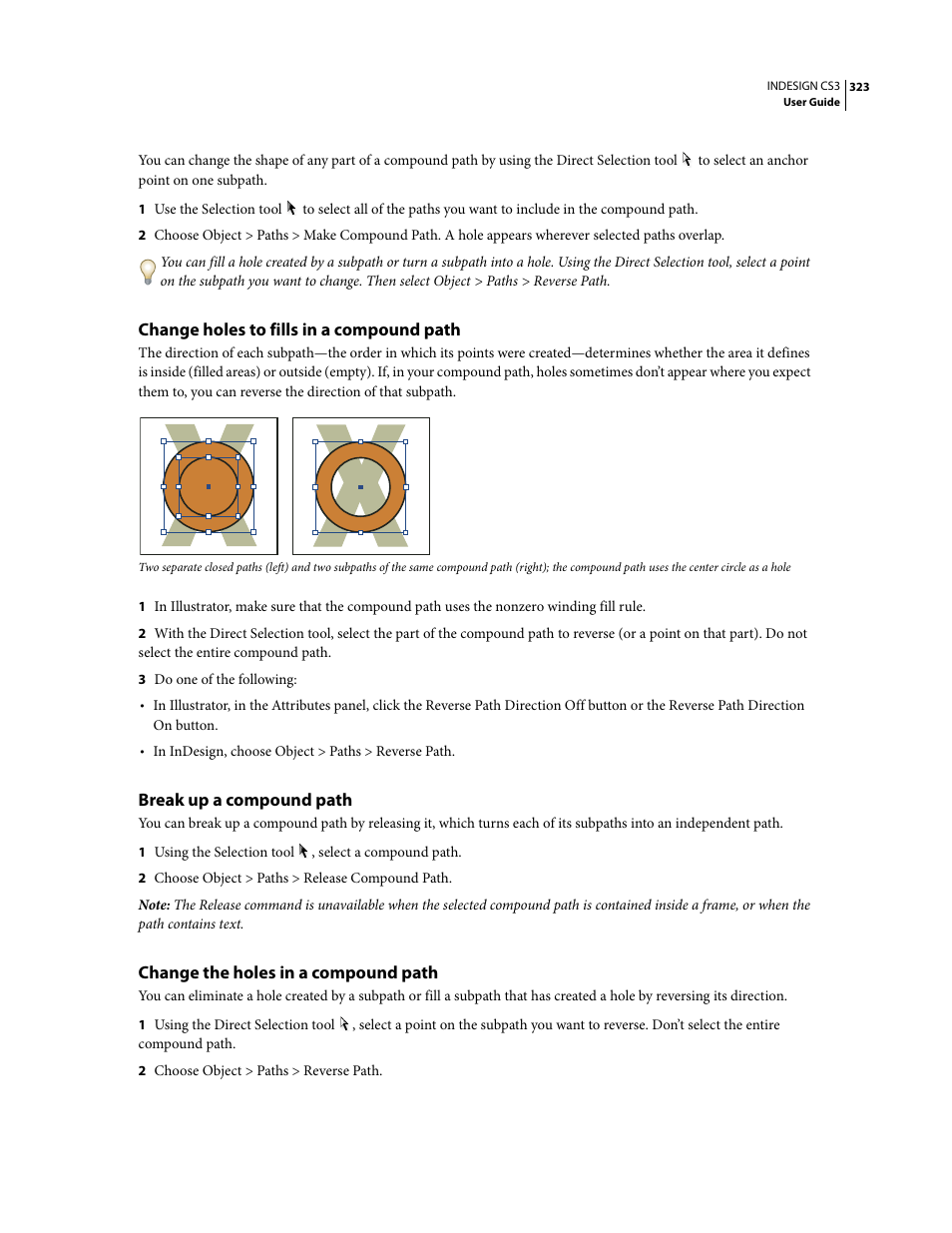 Change holes to fills in a compound path, Break up a compound path, Change the holes in a compound path | Adobe InDesign CS3 User Manual | Page 330 / 672