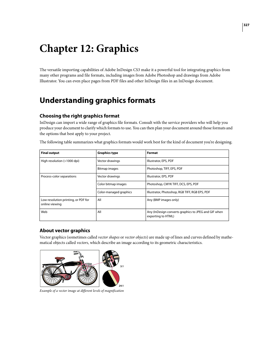 Chapter 12: graphics, Understanding graphics formats, Choosing the right graphics format | About vector graphics | Adobe InDesign CS3 User Manual | Page 334 / 672