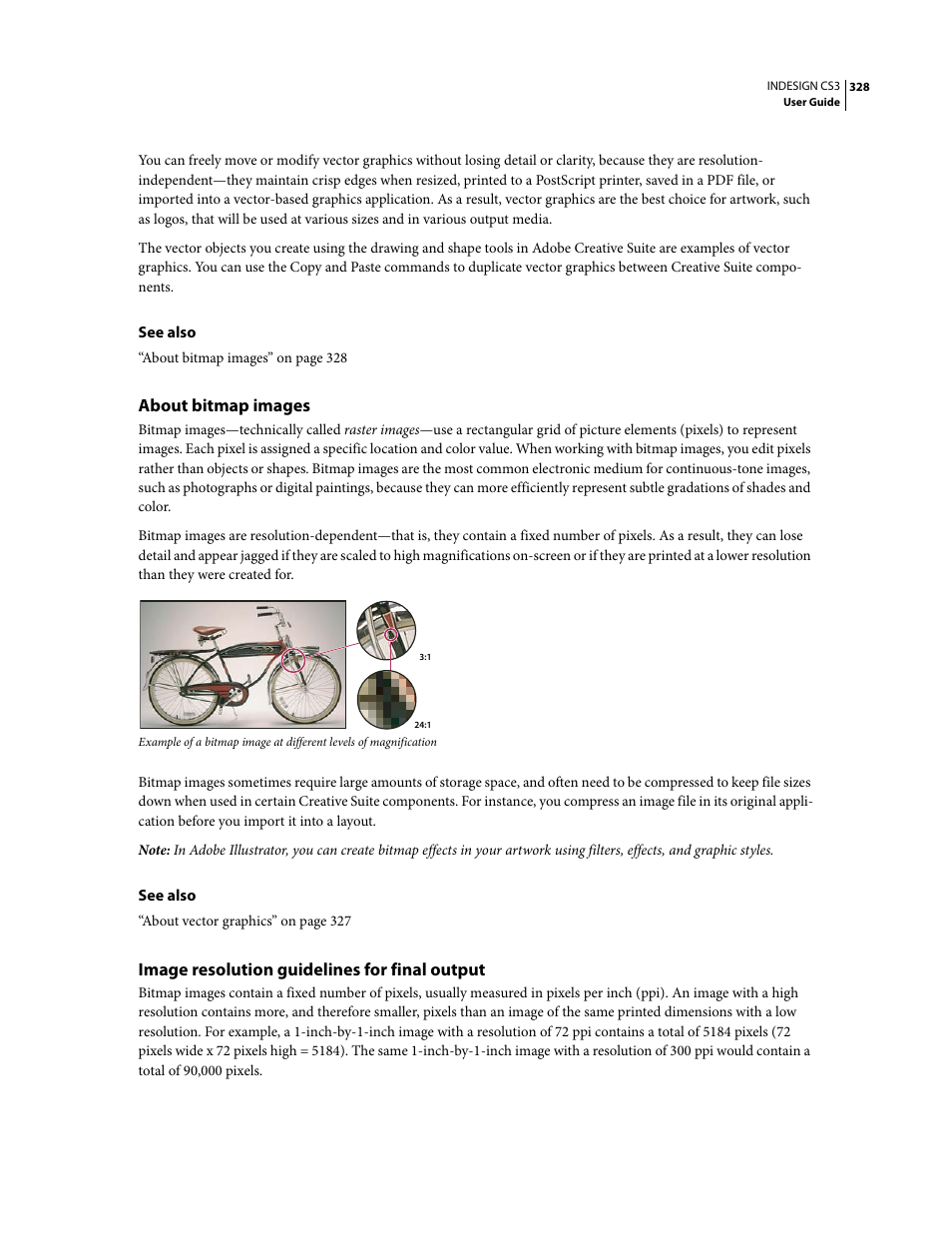 About bitmap images, Image resolution guidelines for final output | Adobe InDesign CS3 User Manual | Page 335 / 672