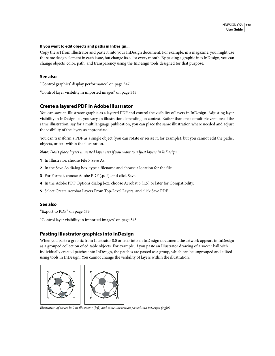 Create a layered pdf in adobe illustrator, Pasting illustrator graphics into indesign | Adobe InDesign CS3 User Manual | Page 337 / 672