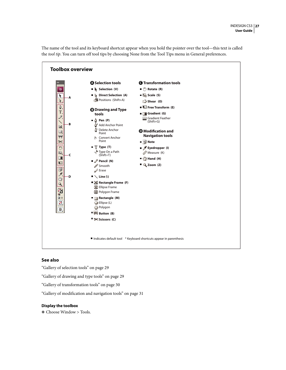 Toolbox overview, See also | Adobe InDesign CS3 User Manual | Page 34 / 672