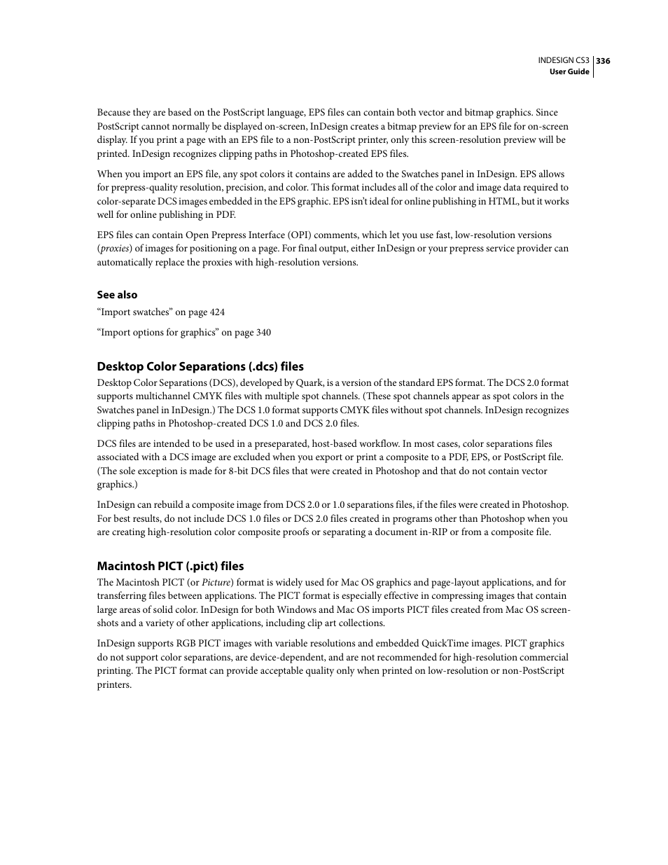 Desktop color separations (.dcs) files, Macintosh pict (.pict) files | Adobe InDesign CS3 User Manual | Page 343 / 672