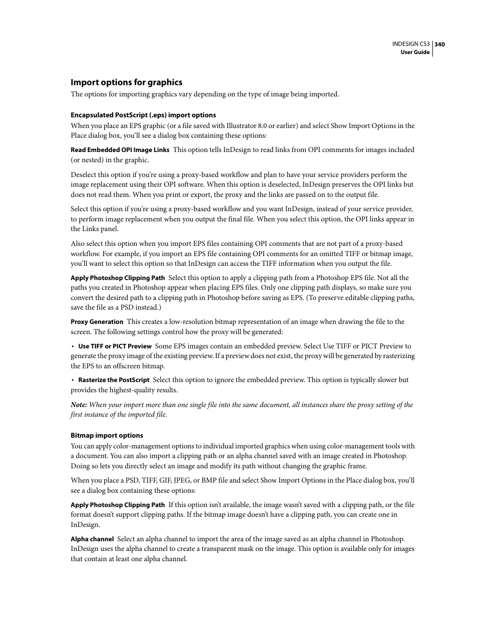 Import options for graphics, Ee “import | Adobe InDesign CS3 User Manual | Page 347 / 672