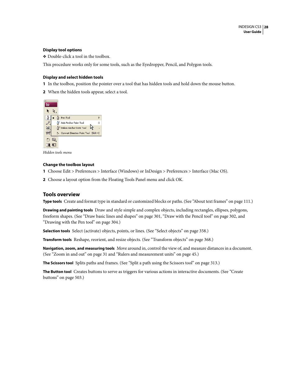 Tools overview | Adobe InDesign CS3 User Manual | Page 35 / 672