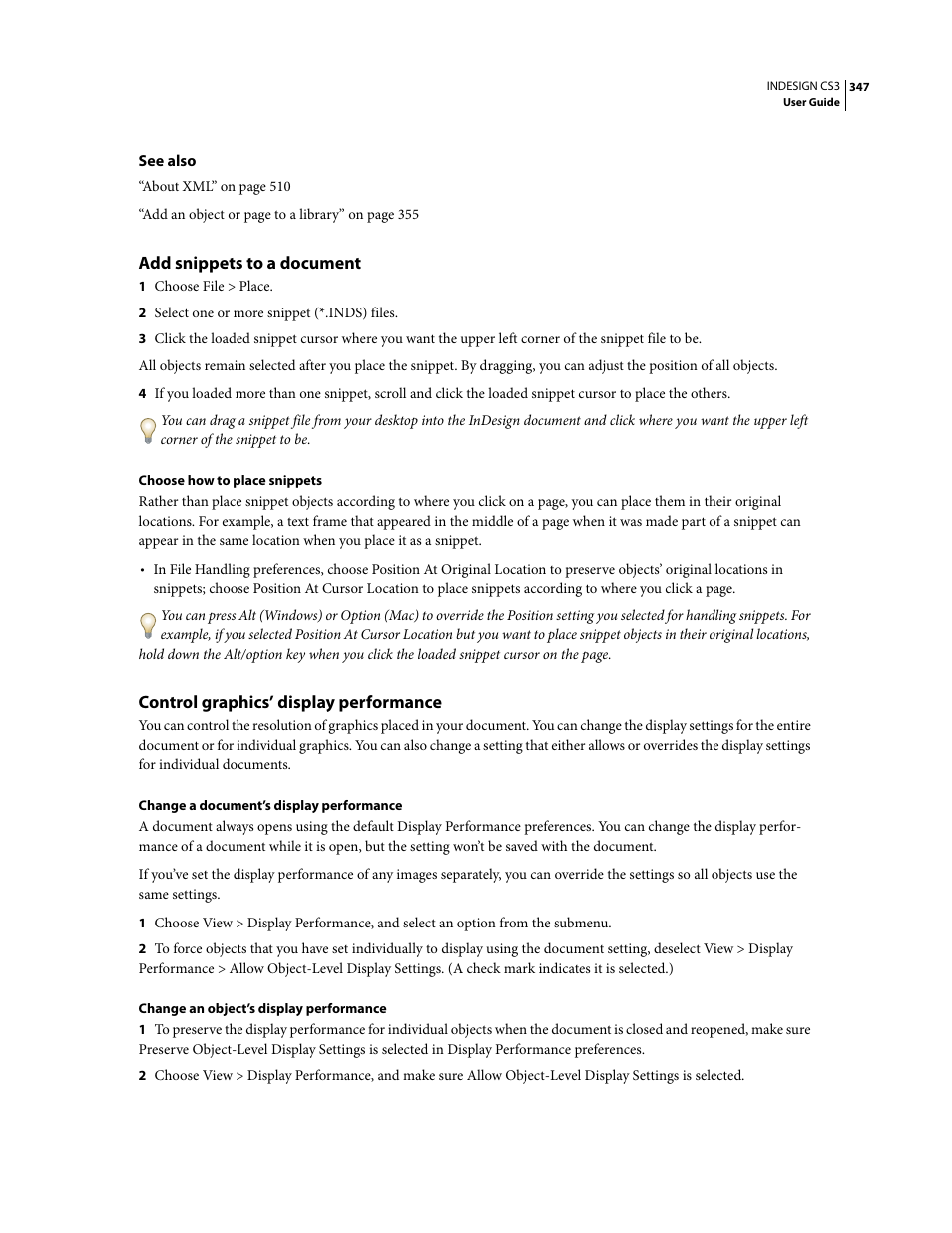 Add snippets to a document, Control graphics’ display performance | Adobe InDesign CS3 User Manual | Page 354 / 672