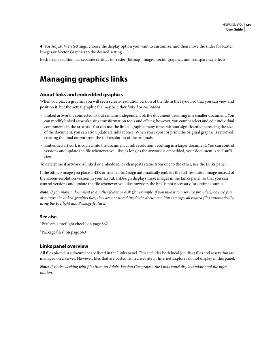 Managing graphics links, About links and embedded graphics, Links panel overview | Adobe InDesign CS3 User Manual | Page 356 / 672