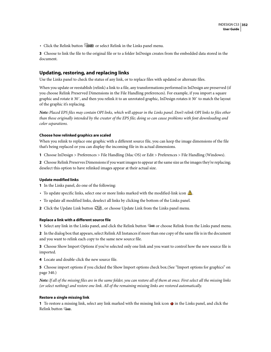 Updating, restoring, and replacing links | Adobe InDesign CS3 User Manual | Page 359 / 672
