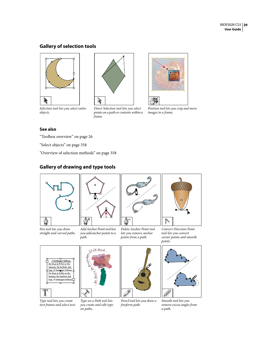 Gallery of selection tools, Gallery of drawing and type tools | Adobe InDesign CS3 User Manual | Page 36 / 672