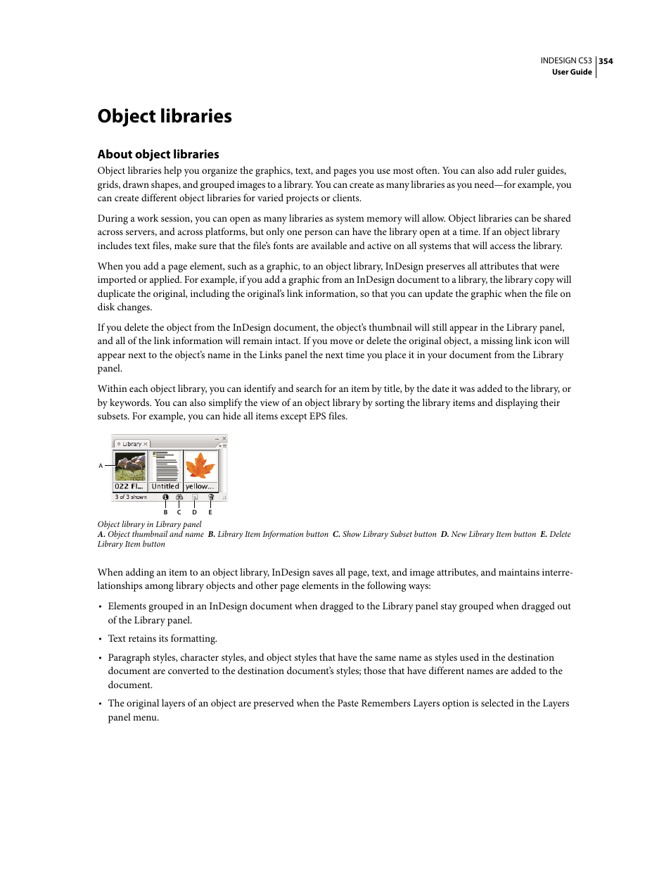 Object libraries, About object libraries | Adobe InDesign CS3 User Manual | Page 361 / 672