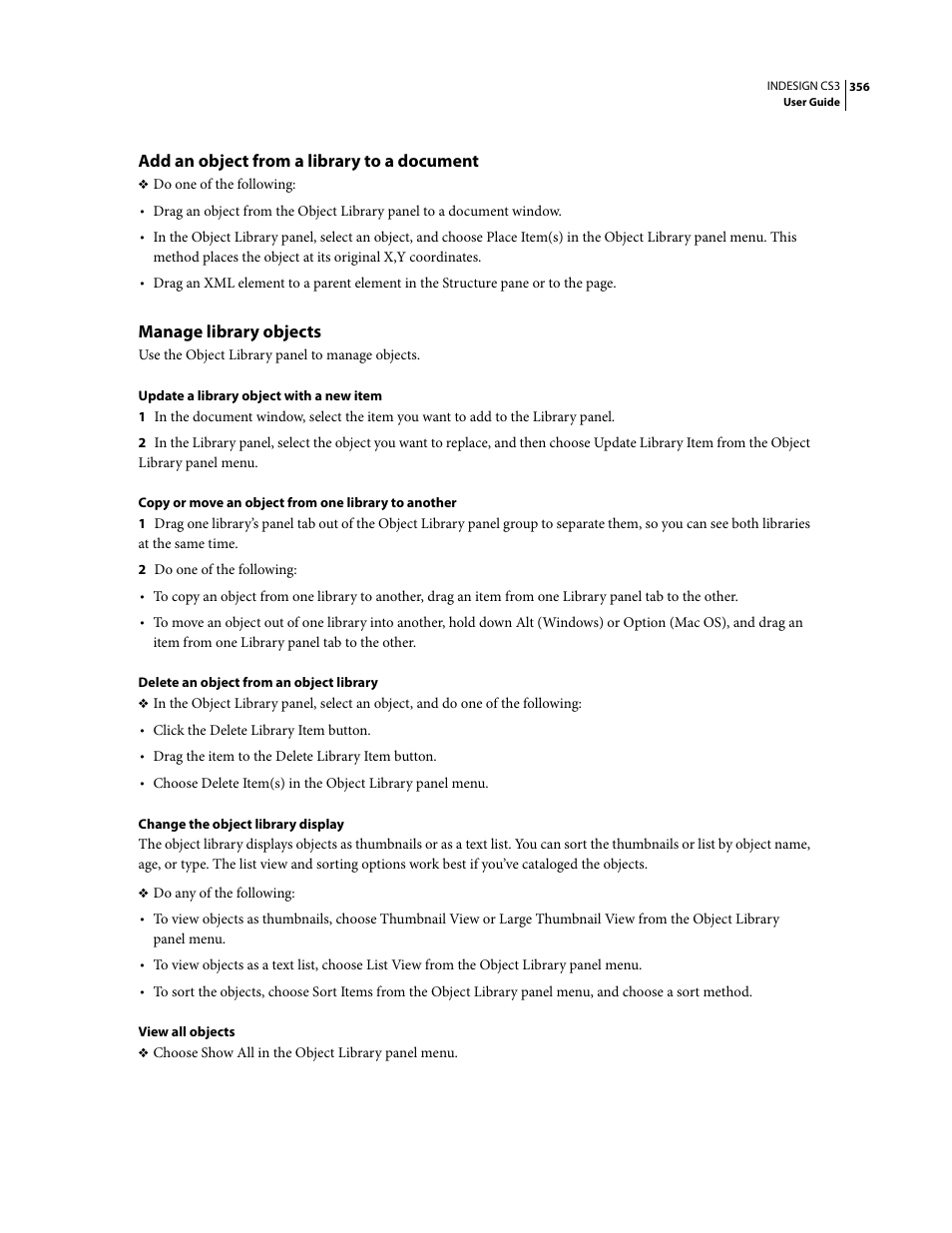 Add an object from a library to a document, Manage library objects | Adobe InDesign CS3 User Manual | Page 363 / 672