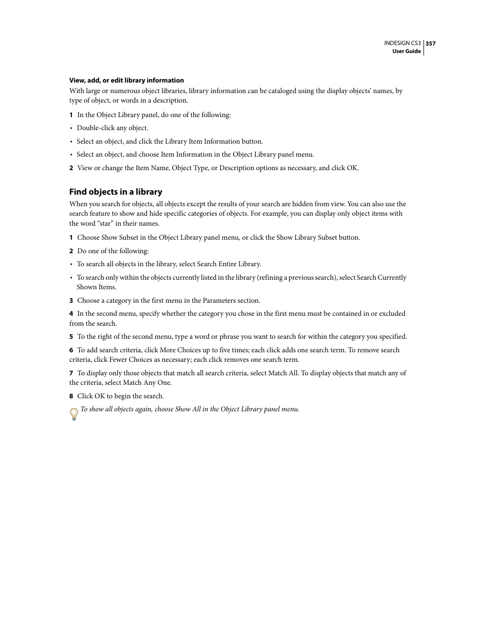 Find objects in a library | Adobe InDesign CS3 User Manual | Page 364 / 672