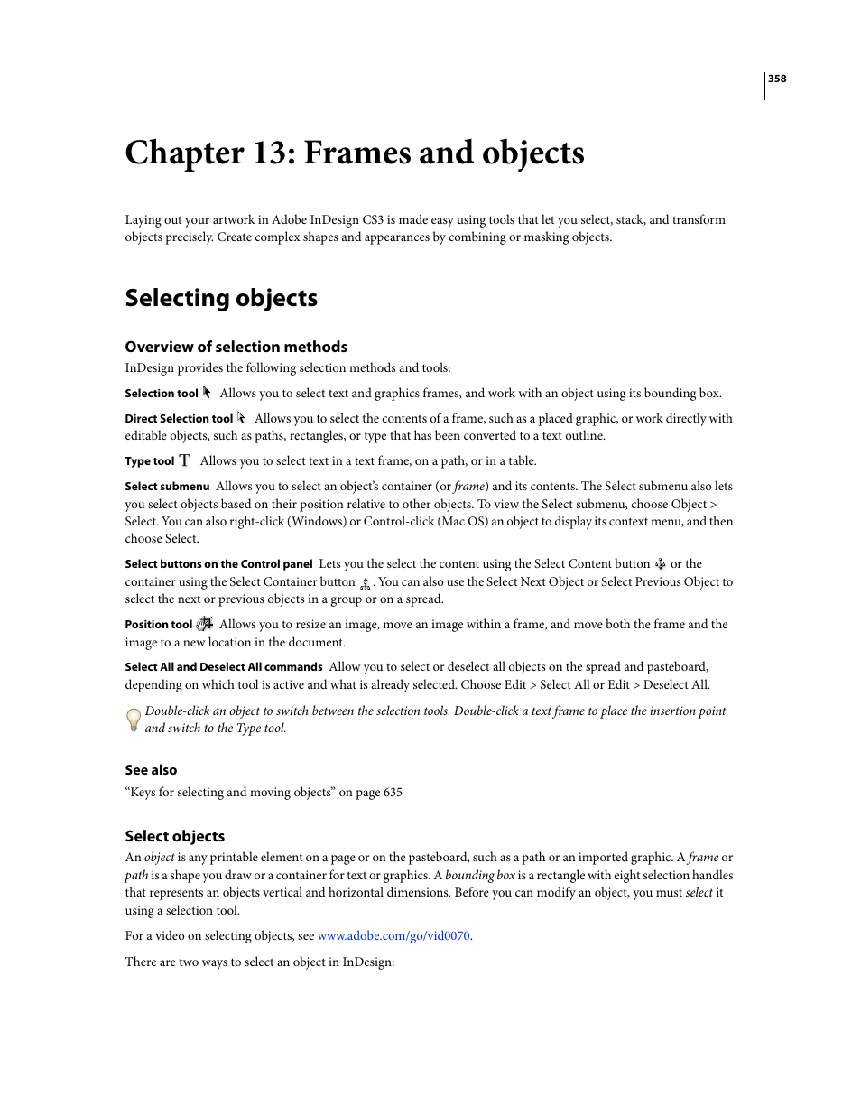 Chapter 13: frames and objects, Selecting objects, Overview of selection methods | Select objects | Adobe InDesign CS3 User Manual | Page 365 / 672