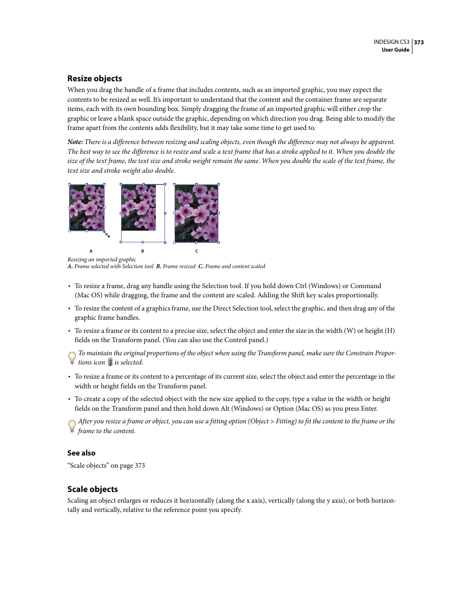 Resize objects, Scale objects | Adobe InDesign CS3 User Manual | Page 380 / 672