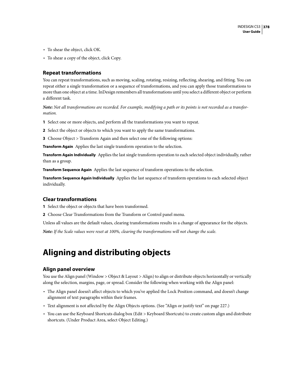 Repeat transformations, Clear transformations, Aligning and distributing objects | Align panel overview | Adobe InDesign CS3 User Manual | Page 385 / 672