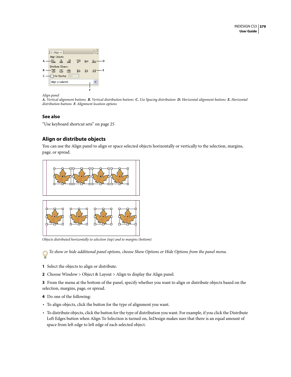 Align or distribute objects | Adobe InDesign CS3 User Manual | Page 386 / 672