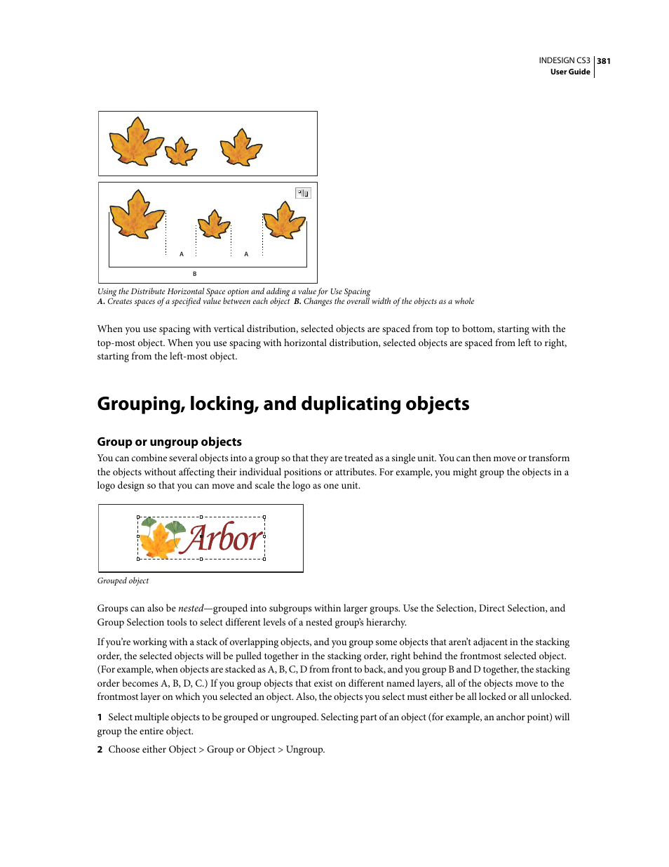 Grouping, locking, and duplicating objects, Group or ungroup objects | Adobe InDesign CS3 User Manual | Page 388 / 672