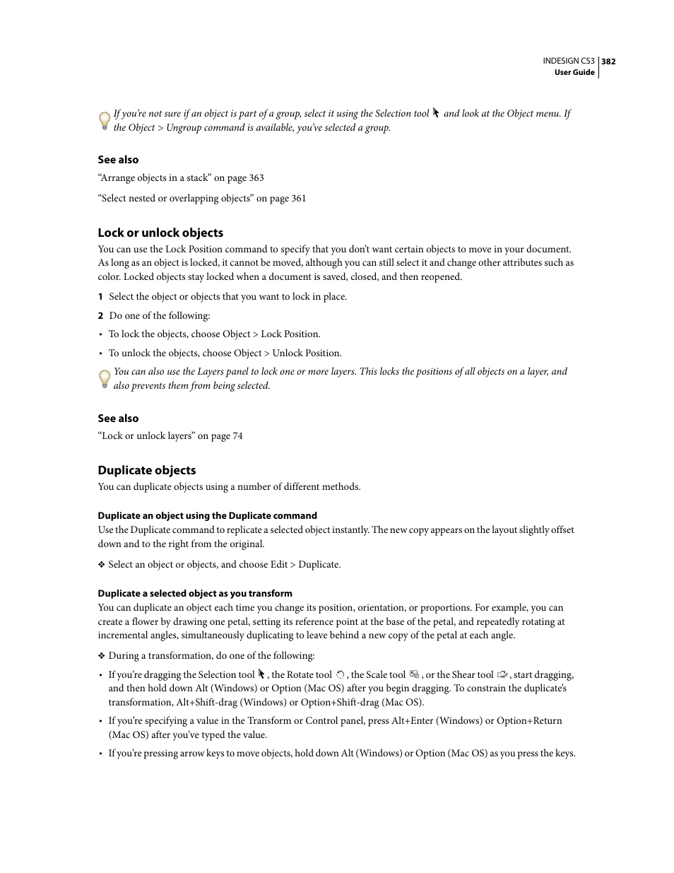 Lock or unlock objects, Duplicate objects | Adobe InDesign CS3 User Manual | Page 389 / 672