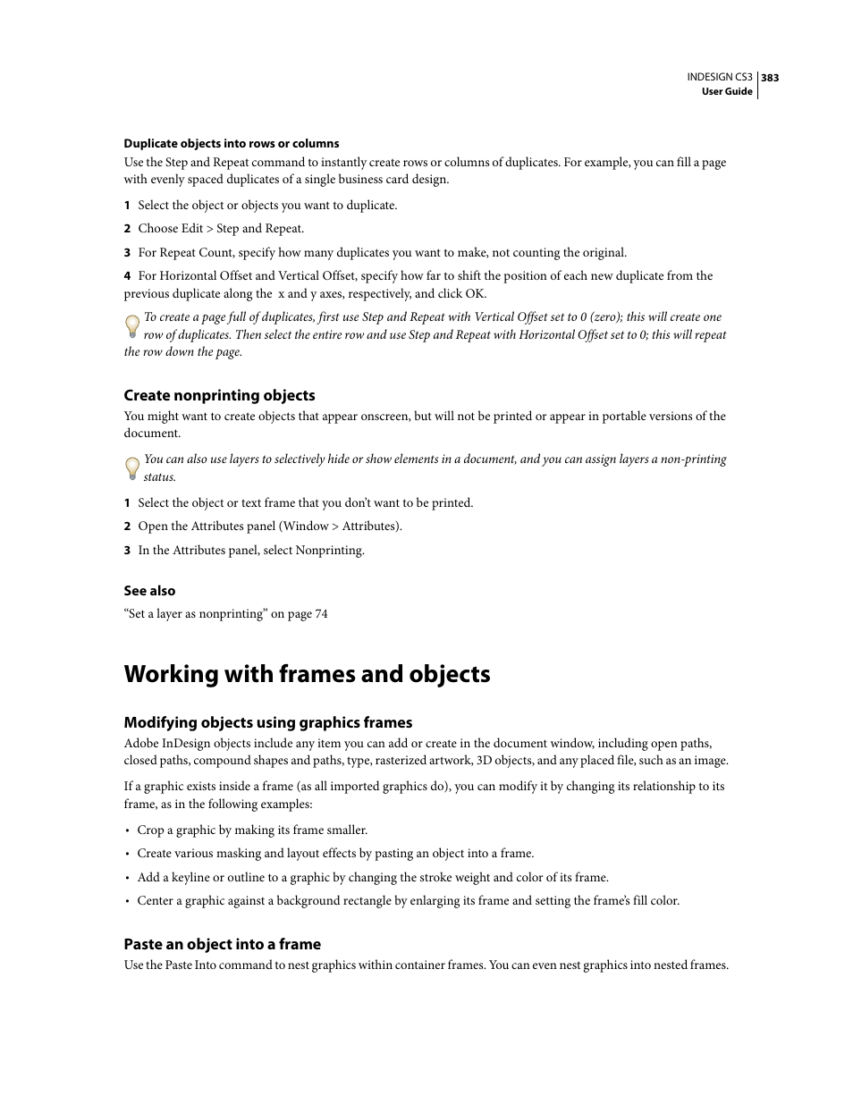 Create nonprinting objects, Working with frames and objects, Modifying objects using graphics frames | Paste an object into a frame | Adobe InDesign CS3 User Manual | Page 390 / 672