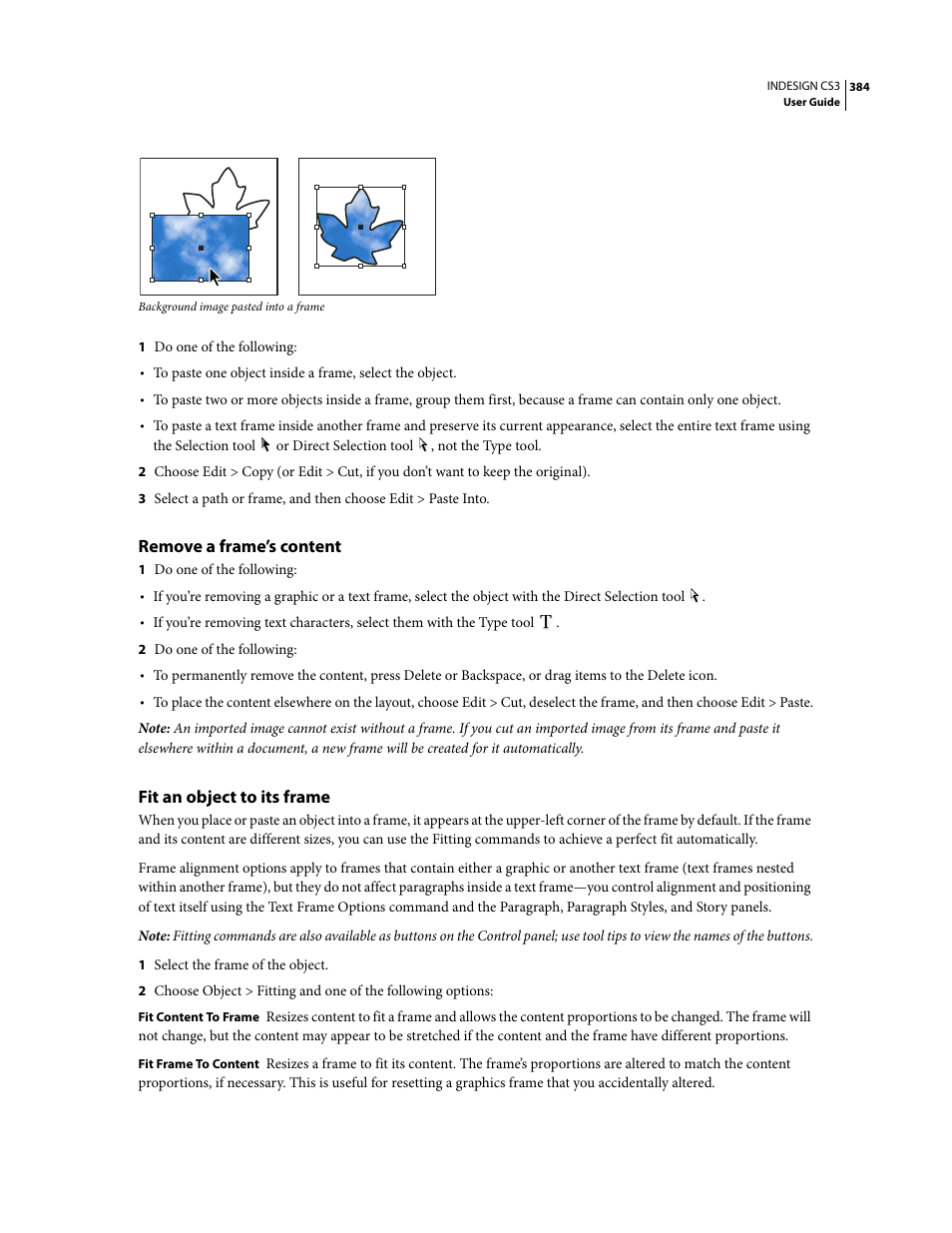 Remove a frame’s content, Fit an object to its frame | Adobe InDesign CS3 User Manual | Page 391 / 672