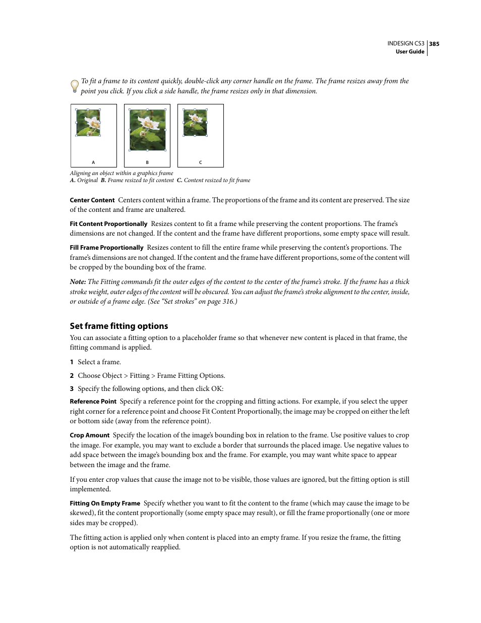 Set frame fitting options | Adobe InDesign CS3 User Manual | Page 392 / 672