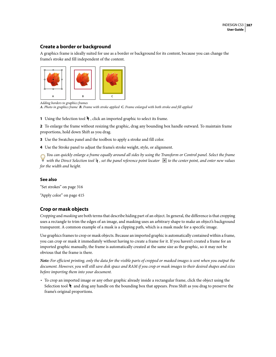 Create a border or background, Crop or mask objects | Adobe InDesign CS3 User Manual | Page 394 / 672