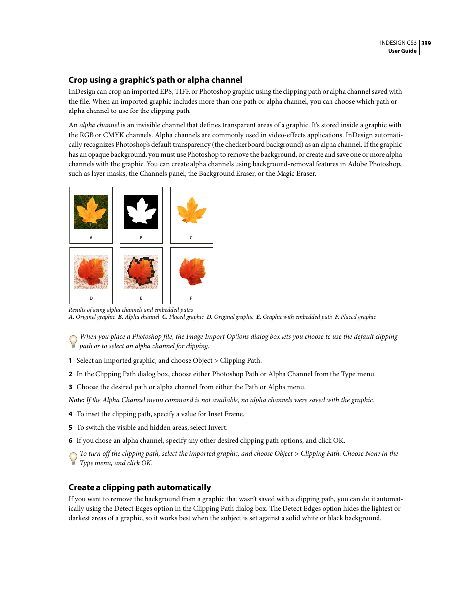 Crop using a graphic’s path or alpha channel, Create a clipping path automatically | Adobe InDesign CS3 User Manual | Page 396 / 672