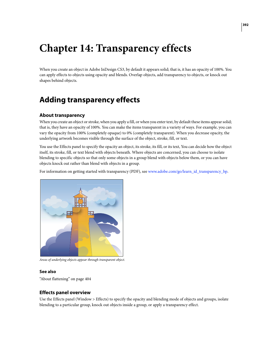Chapter 14: transparency effects, Adding transparency effects, About transparency | Effects panel overview | Adobe InDesign CS3 User Manual | Page 399 / 672