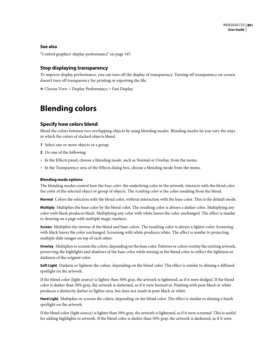 Stop displaying transparency, Blending colors, Specify how colors blend | Specify how | Adobe InDesign CS3 User Manual | Page 408 / 672