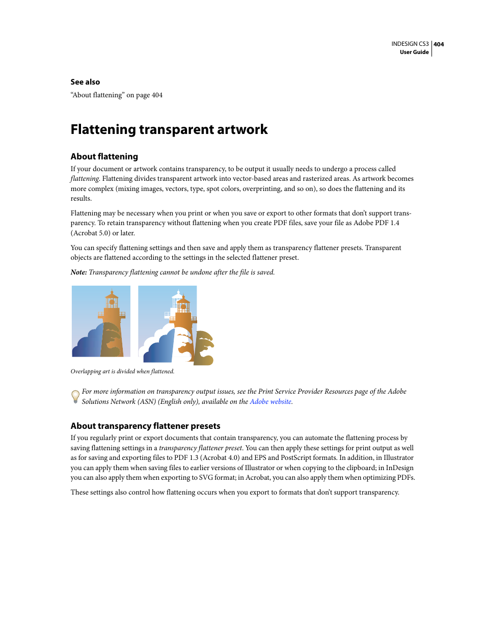 Flattening transparent artwork, About flattening, About transparency flattener presets | Adobe InDesign CS3 User Manual | Page 411 / 672