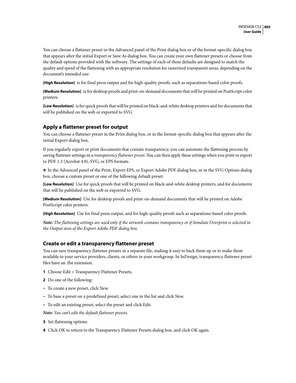 Apply a flattener preset for output, Create or edit a transparency flattener preset | Adobe InDesign CS3 User Manual | Page 412 / 672