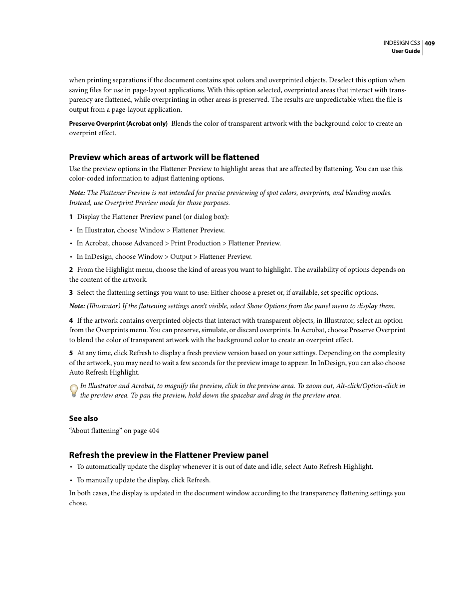 Preview which areas of artwork will be flattened, Refresh the preview in the flattener preview panel | Adobe InDesign CS3 User Manual | Page 416 / 672