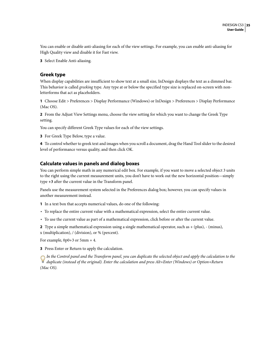 Greek type, Calculate values in panels and dialog boxes | Adobe InDesign CS3 User Manual | Page 42 / 672