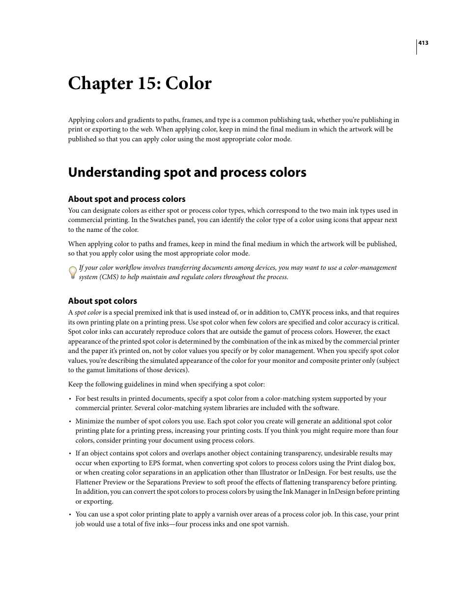 Chapter 15: color, Understanding spot and process colors, About spot and process colors | About spot colors | Adobe InDesign CS3 User Manual | Page 420 / 672