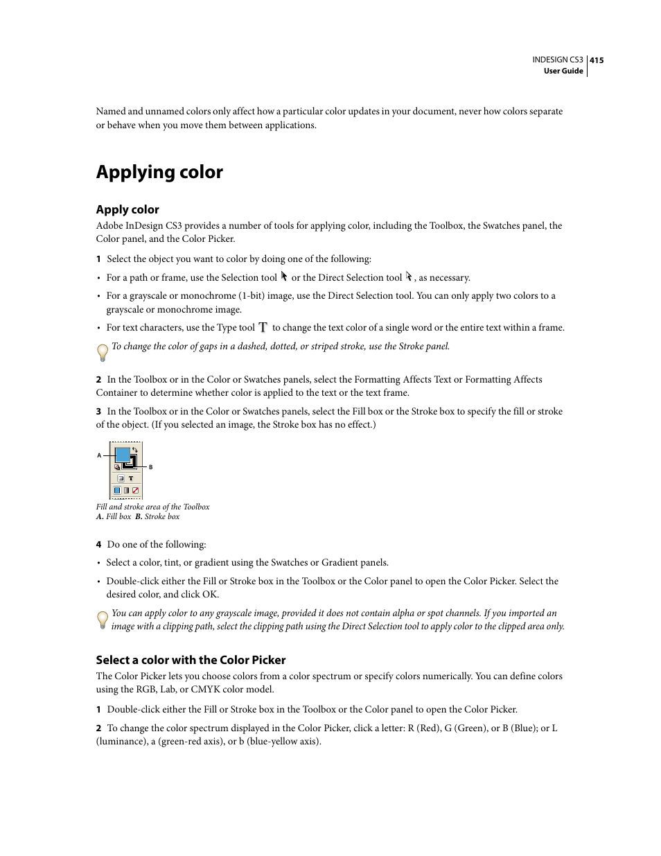 Applying color, Apply color, Select a color with the color picker | Adobe InDesign CS3 User Manual | Page 422 / 672